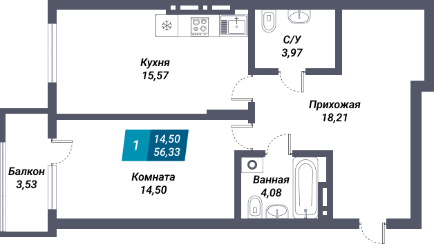 Планировка однокомнатной квартиры в ЖК «Менделеев»
